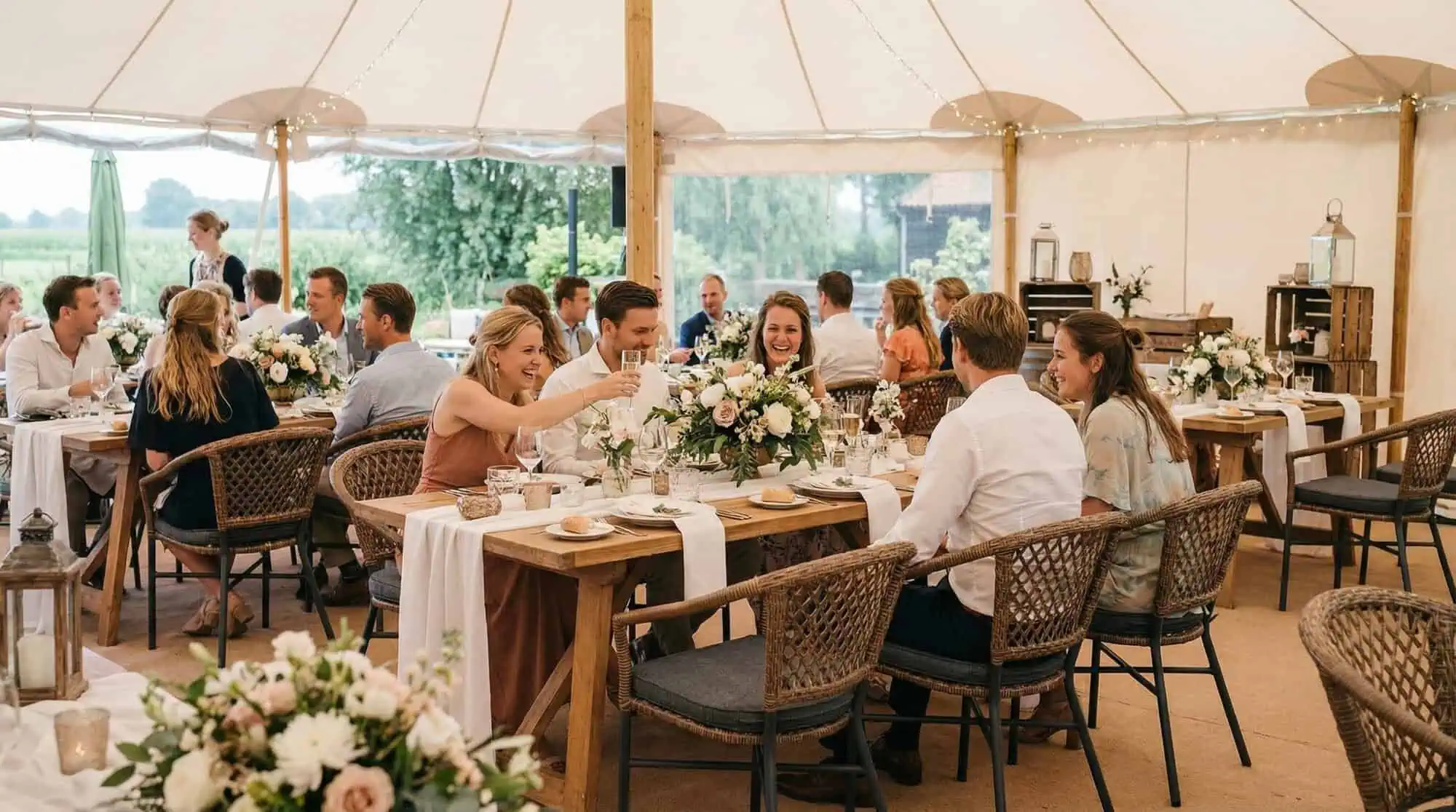 Super-Seat | Houten tafels met witte doeken en bloemen, gasten op grijze wicker Charlotte stoelen met armleuning. | Horecameubilair