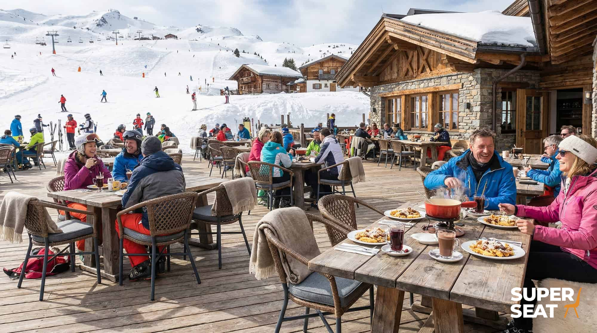 Super-Seat |Wat je gaat tegenkomen zijn stoelen, tafels, barkrukken, picknick tafels en andere soort tafels en stoelen.| Grijze Charlotte vlechtwerk stoelen met armleuningen en houten tafels op zonnig terras bij berghut in de sneeuw. | Horecameubilair