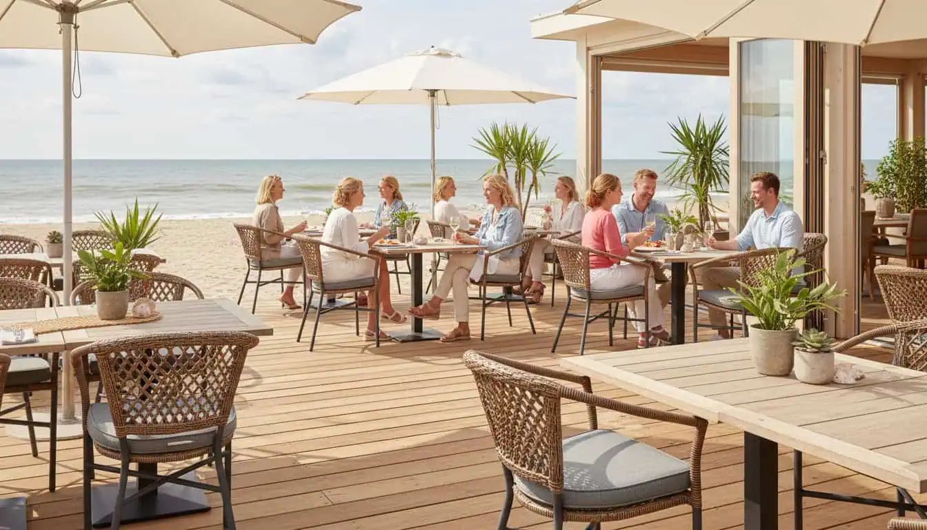 Super-Seat | Houten terras met gevlochten grijze stoelen, houten tafels, strandzicht, parasols. | Horecameubilair