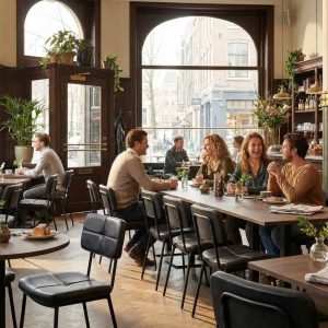 Super-Seat |Zwarte stoelen, Urban messing melamine tafels met onderstel, houten vloer, glaswerk, veel ramen en groen. | Horecameubilair