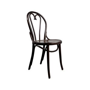 Super-Seat | Donkerbruine gebogen houten stoel met ronde zitting, elegante lijnen, tegen witte achtergrond. | Horecameubilair