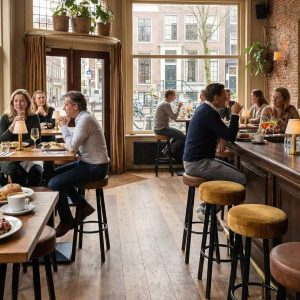 Super-Seat | Industriële Bistro Barkrukken Zwart Bruin Leren Zitting Zwarte leren barkrukken, houten tafels, veel licht, planten en eten. | Horecameubilair