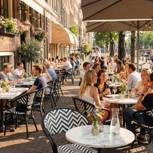 Super-Seat | Houten tafels, rotan en metalen stoelen in zwart/wit naast de gracht met witte parasols. | Horecameubilair