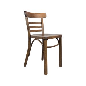 Super-Seat |Donkerhouten stoel met gebogen vloerkleed, horizontale latten en rechte poten. | Horecameubilair