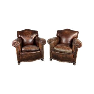 Set van 2 Winston vintage Frans bruin leren club fauteuils