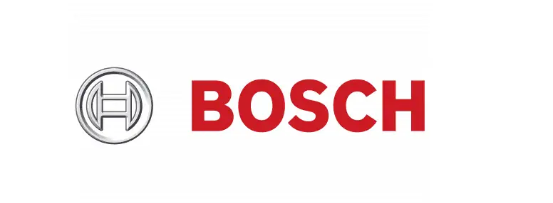 Super-Seat | Grijze metalen ronde H-embleem met rechts in dikke rode letters BOSCH, op witte achtergrond. | Horecameubilair