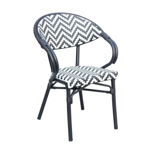 Super-Seat | Marylin Parijse horeca terrasstoel | Zwart/wit zigzag rieten stoel, armleuningen, ronde rug en vier slanke poten. | Horecameubilair