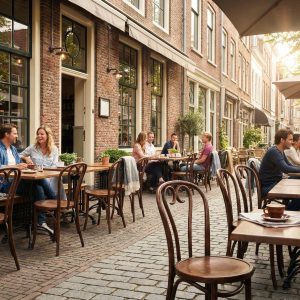 Super-Seat | Terrasstoelen voor horeca en tuin | Donkerbruine kunststof Thon stapelstoelen en tafels bij café op klinkerstraat, schaduw van bomen. | Horecameubilair