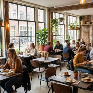 Super-Seat | Horeca tafels en stoelen Gouden Urban melamine tafels, houten stoelen & Super Seat logo in lichte, groene caféruimte. | Horecameubilair