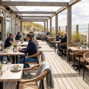Super-Seat |Houten stoelen, tafels en schorsrukken, beige strand, glaswerk, planten, zonnig met wolken. | Horecameubilair