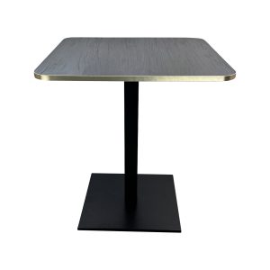 Super-Seat | Vierkante tafel met donker houten blad, metalen rand, zwart metalen poot en voet; witte achtergrond. | Horecameubilair