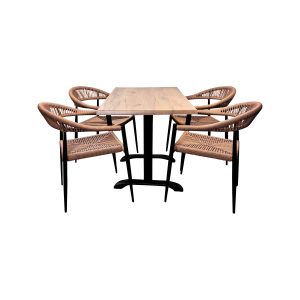 Super-Seat | Moderne Eettafel Set | Rechthoekige houten tafel met zwarte metalen poten en vier rieten stoelen met zwarte poten. | Horecameubilair