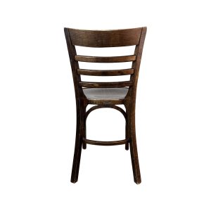 Super-Seat | Satelliet Thon caféstoel | Donkerbruin hout, gebogen rugleuning, drie spijlen, zichtbare gebruikerssporen, witte achtergrond. | Horecameubilair