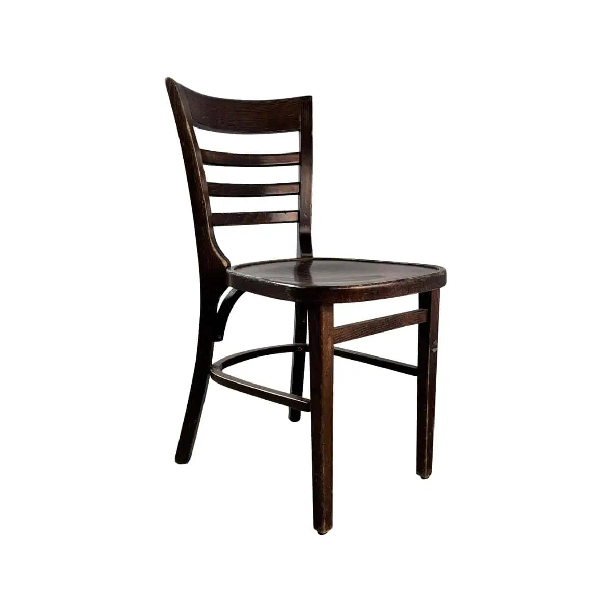 Super-Seat | Sateliet Thon Café stoel | Donkerbruine houten stoel met gebogen vloerkleed, platte zitting en drie horizontale spijlen. | Horecameubilair