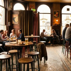 Super-Seat | Café Interieur Houten tafels, stoelen en barkrukken. Lichtinval via grote ramen. Vintage sfeer. | Horecameubilair