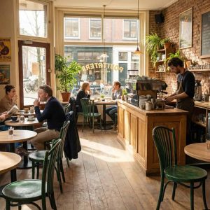 Super-Seat | Houten tafels, groene houten stoelen, bakstenen muren en houten vloer in café. | Horecameubilair