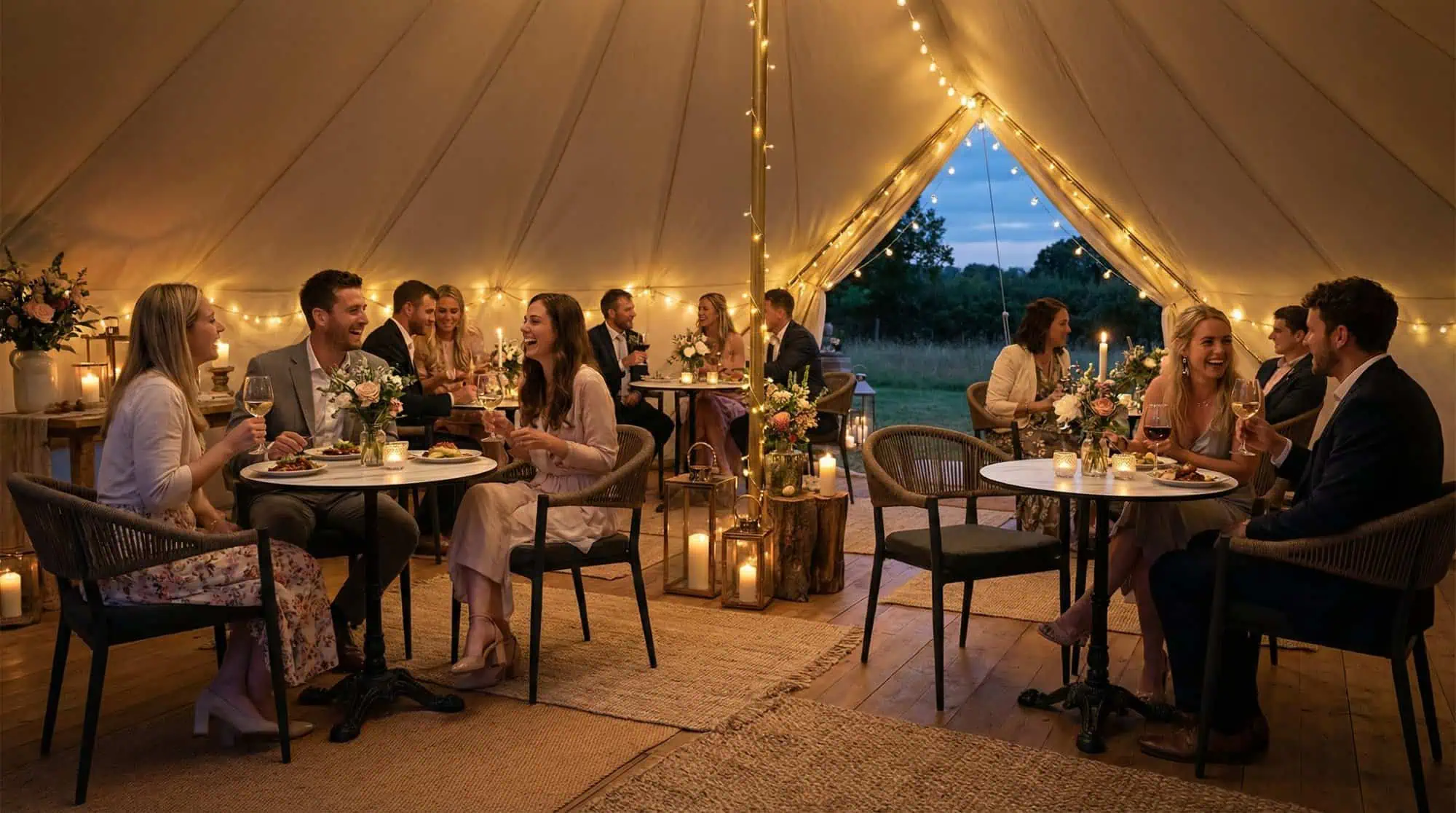 Super-Seat | Feestelijke Tenten & Meubilair | Ronde houten tafels en stoelen met witte hoezen, sfeervolle lichtsnoeren in de tent. | Horecameubilair