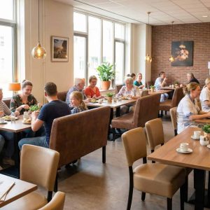 Super-Seat | Houten tafels, metalen stoelen met blauwe bekleding, zwarte schorsrukken; bakstenen muur en grote ramen. | Horecameubilair