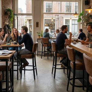 Super-Seat | Houten stoelen, metalen barkrukken, lichte tafels en planten tegen bakstenen muren. | Horecameubilair