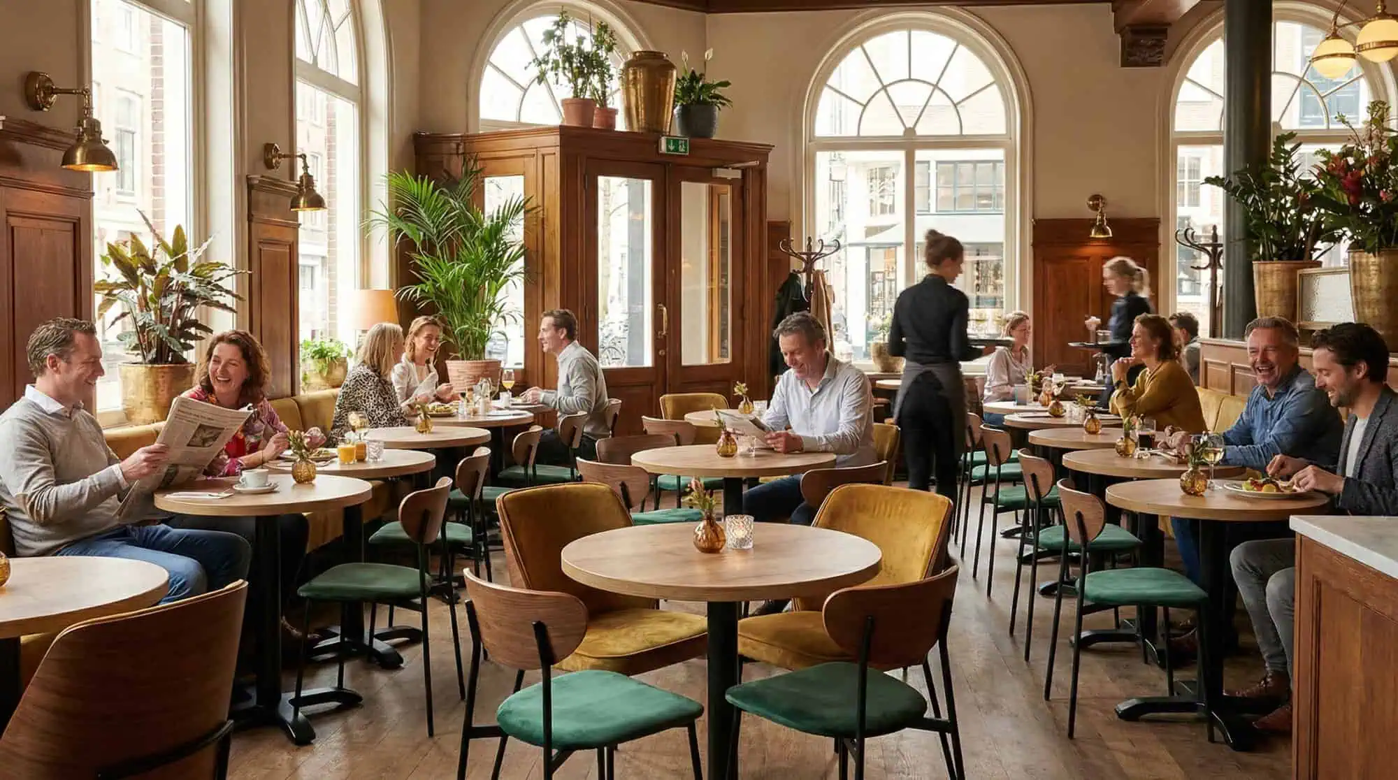 Super-Seat | Wat je gaat tegenkomen zijn stoelen, tafels... | Houten stoelen en tafels, metalen schorsrukken, picknicktafels bij ramen vol licht en planten. | Horecameubilair