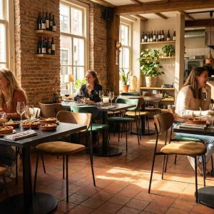 Super-Seat | Restaurant Interieur Houten tafels, zwarte stoelen, metalen barkrukken en picknicktafels tussen bakstenen muren en ramen. | Horecameubilair