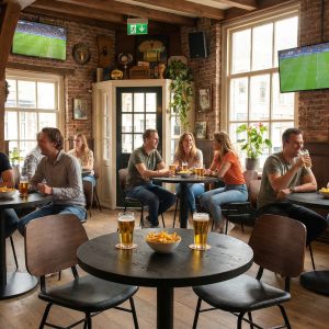 Super-Seat | Houten tafels, metalen en leren stoelen, barkrukken; glas bier en friet. Licht via grote ramen. | Horecameubilair