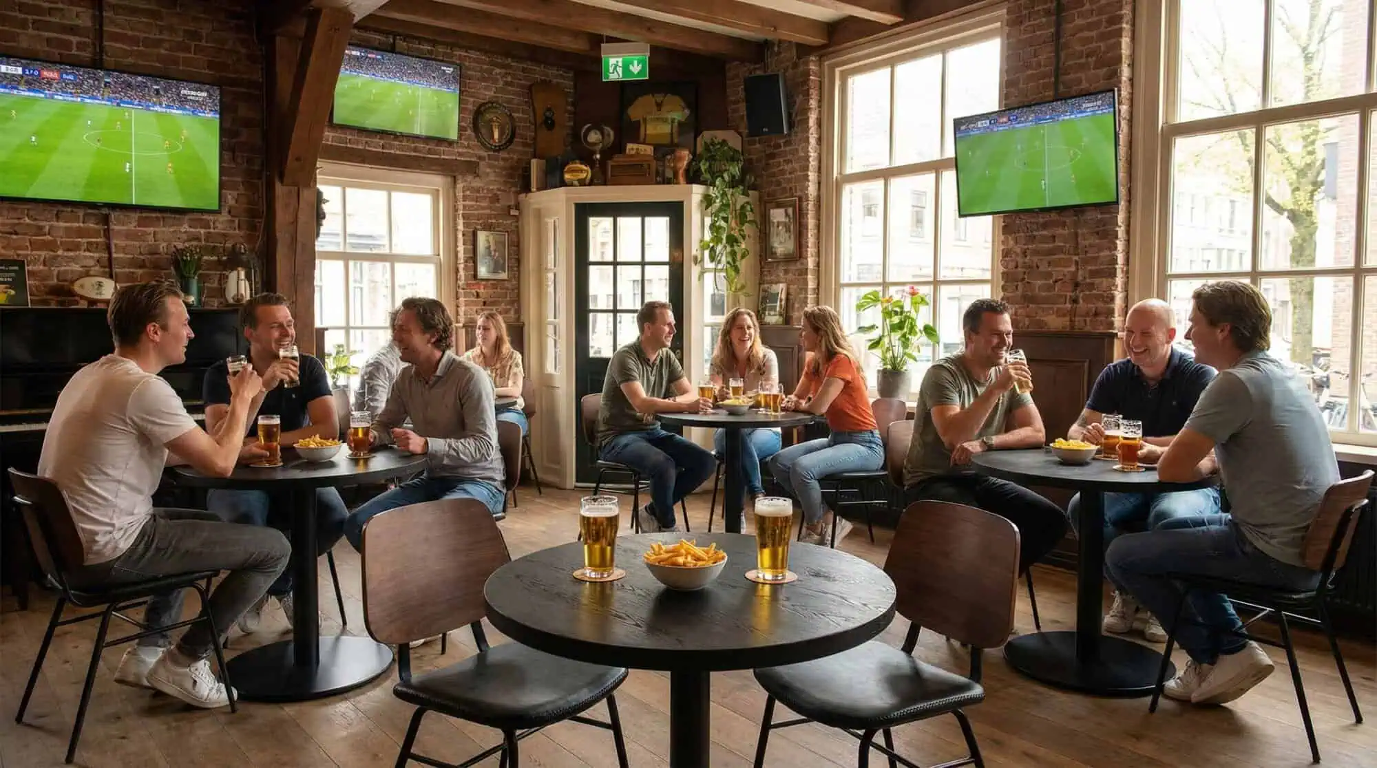 Super-Seat | Houten tafels, metalen en leren stoelen, barkrukken; glas bier en friet. Licht via grote ramen. | Horecameubilair