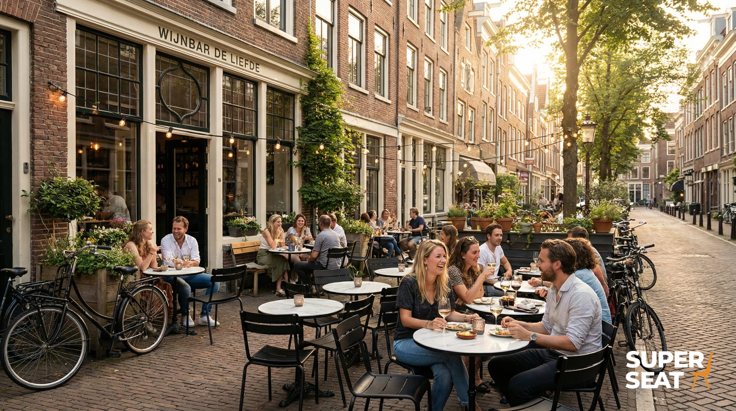 Super-Seat |Wijnbar De Liefde|Wit marmeren HPL tafels, metalen stoelen, op terras tussen groen en fietsen in de zon. | Horecameubilair