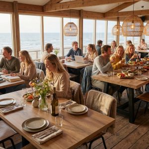 Super-Seat | Houten tafels, stoelen en barkrukken in bruin en wit, met uitzicht op zee door grote ramen. | Horecameubilair