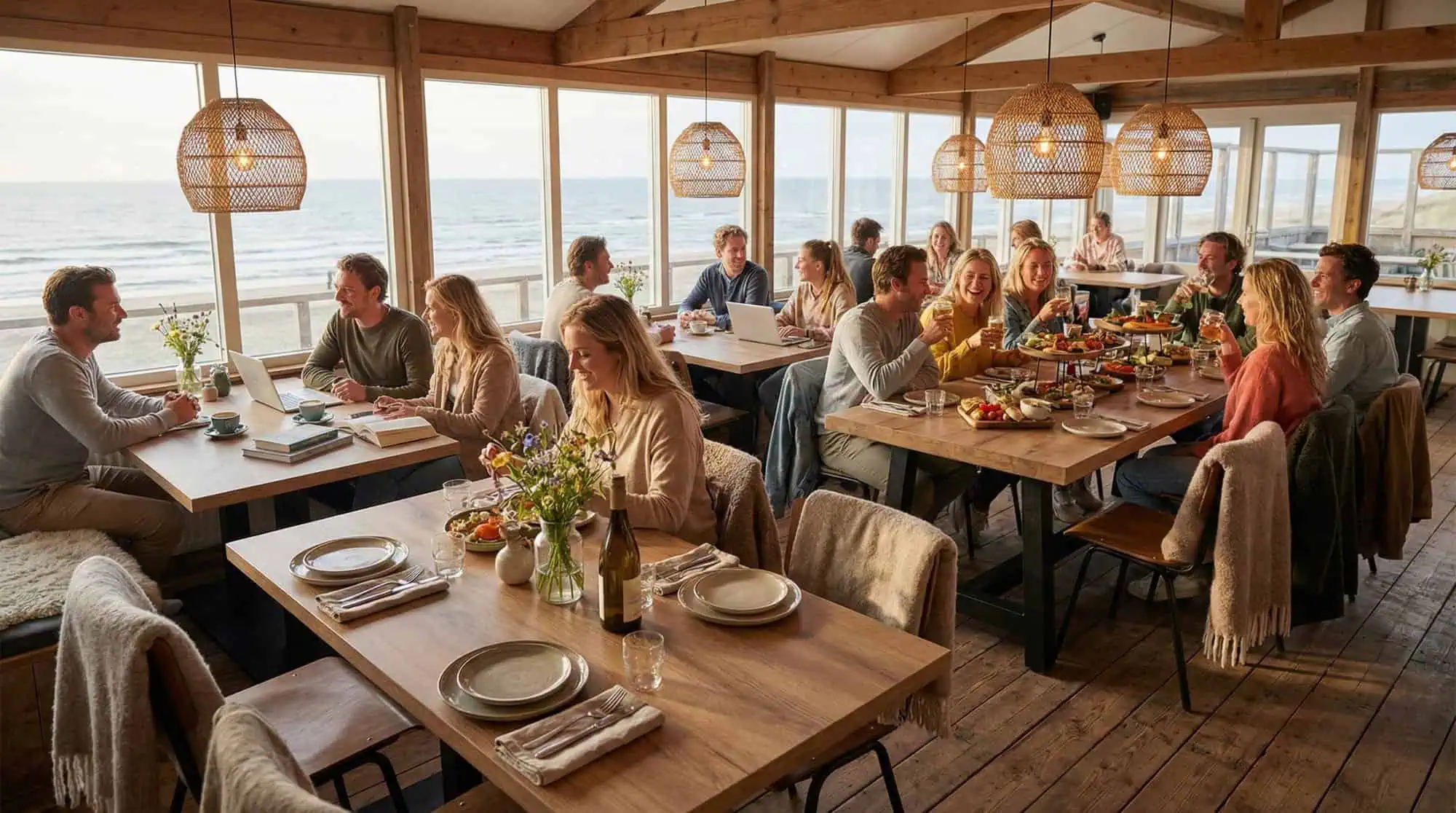 Super-Seat | Houten tafels, stoelen en barkrukken in bruin en wit, met uitzicht op zee door grote ramen. | Horecameubilair