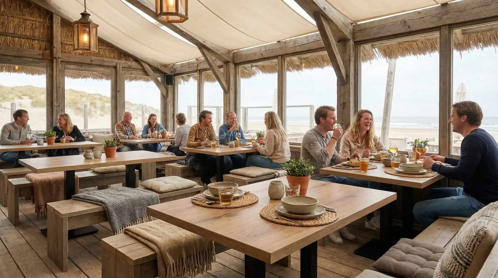 Super-Seat | Houten tafels en stoelen, barkrukken, picknicktafels van hout; rieten lampen, lichte strandlook. | Horecameubilair