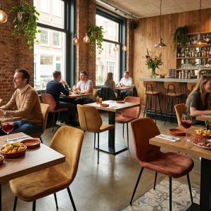 Super-Seat |Modern Restaurant Interieur Grijze stoelen, houten tafels, barkrukken bij bar; bakstenen muren, veel licht en hangplanten. | Horecameubilair