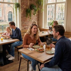 Super-Seat | Houten tafels en stoelen, donkere barkrukken, lichte stoelen bij bakstenen muur en ramen. | Horecameubilair